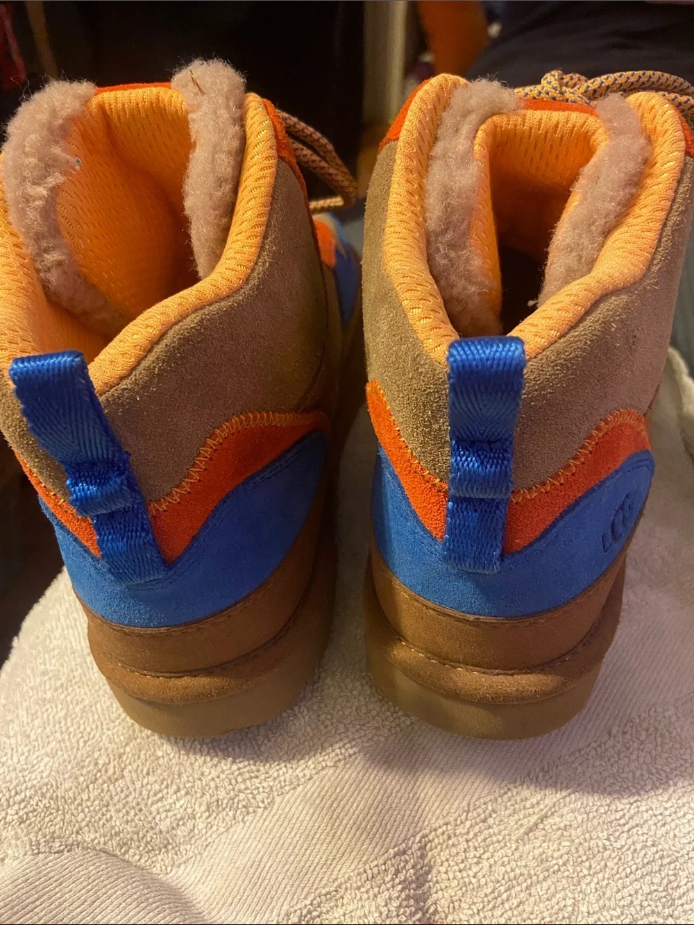 UGG Kids Tan Suede Boots with Bright Orange & Blue Accents